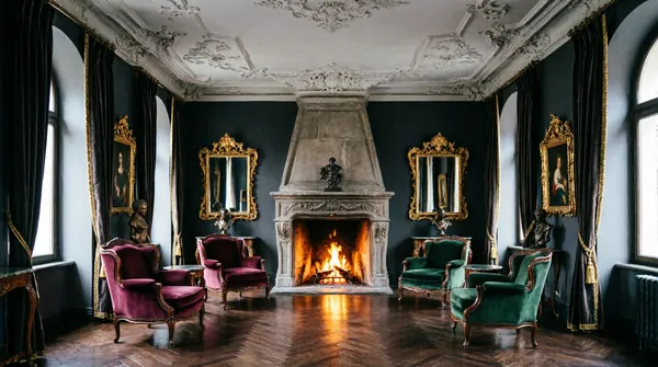 Eleganter Altbau-Salon mit Kamin und Samtsesseln