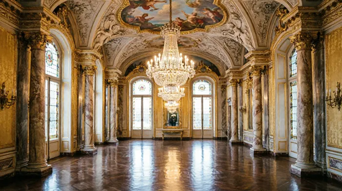 Historischer Ballsaal mit Kronleuchtern und Stuckdecke