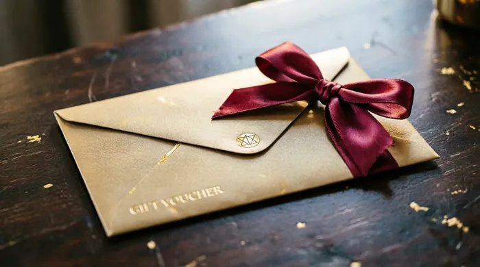 Edel verpackter Geschenkgutschein mit Schleife auf dunklem Tisch