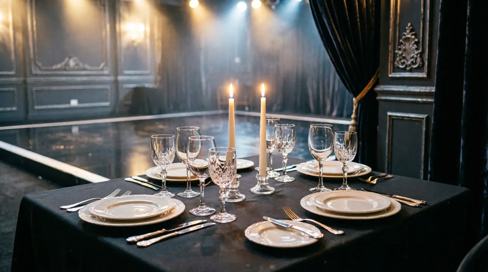 Gedeckter Dinner-Tisch für zwei neben der Tanzfläche
